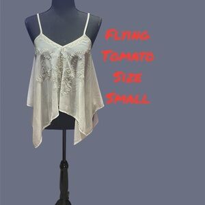 FLYING TOMATO WHITE SPAGHETTI STRING TOP WITH FRONT EMBROIDERY GENTLY WORN